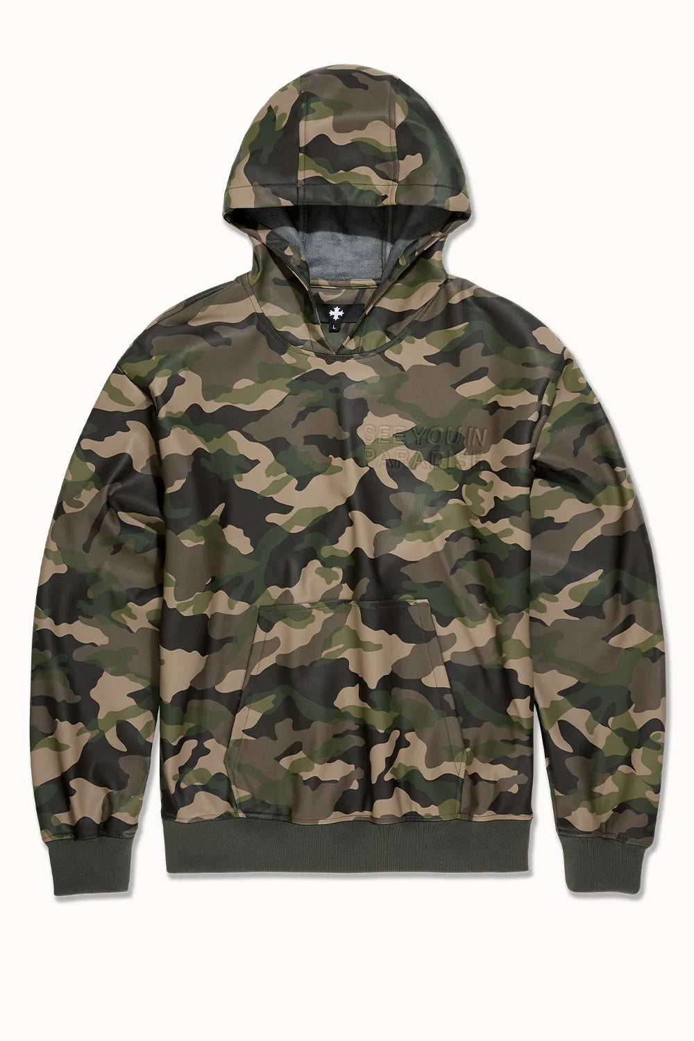 See You in Paradise Vintage Camo hoodie with digital camo print, embossed chest and back logo, vegan leather finish, and kangaroo pocket.