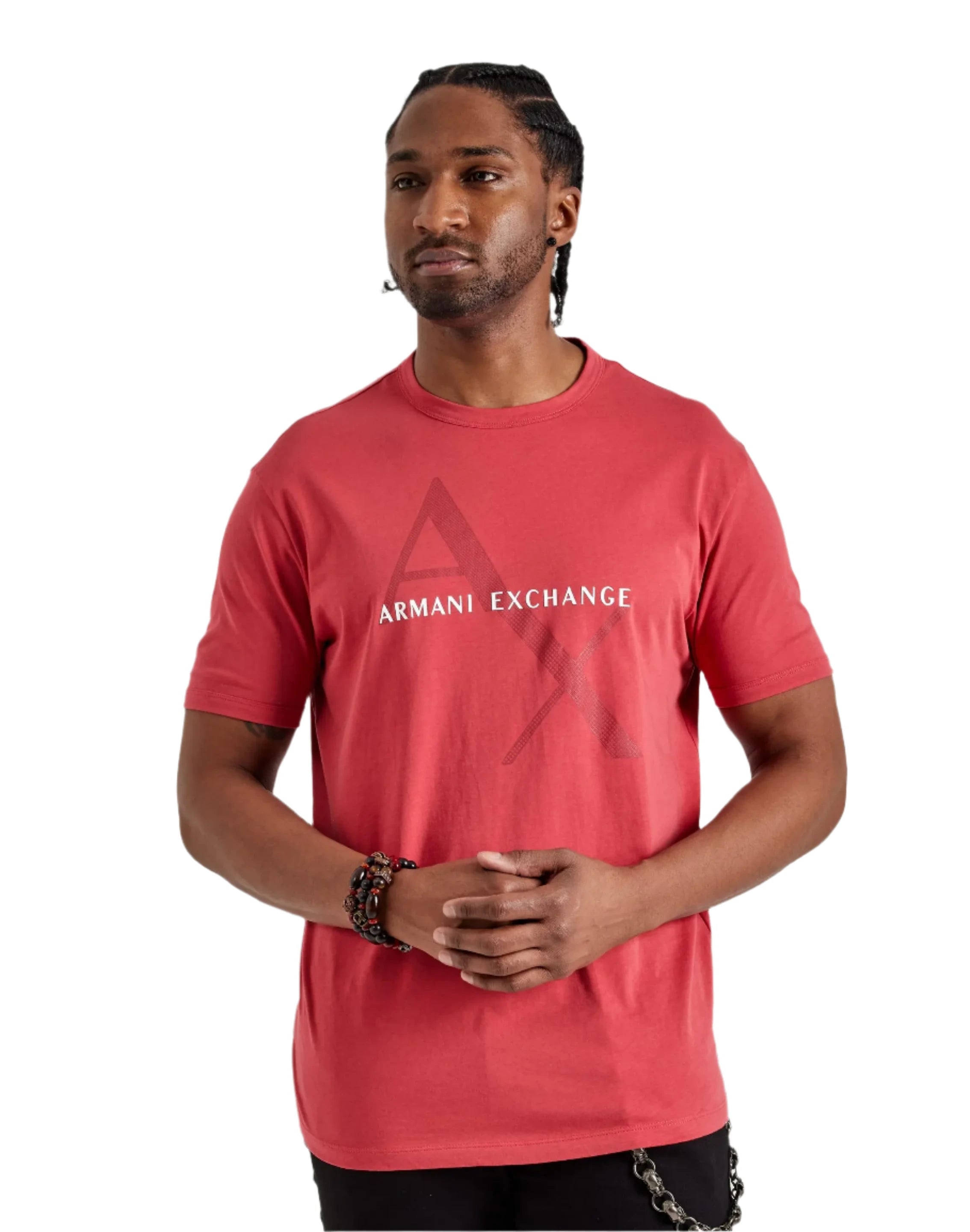 red Armani Exchange logo t-shirt with model wearing size M
