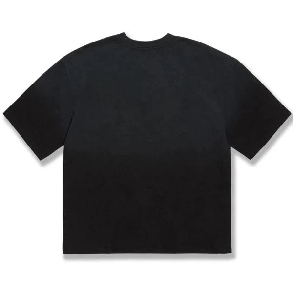 black cropped boxy t-shirt with syip graphic on front and vintage wash laid flat on white background