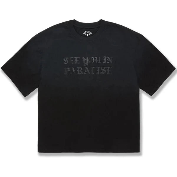 black cropped boxy t-shirt with syip graphic on front and vintage wash laid flat on white background