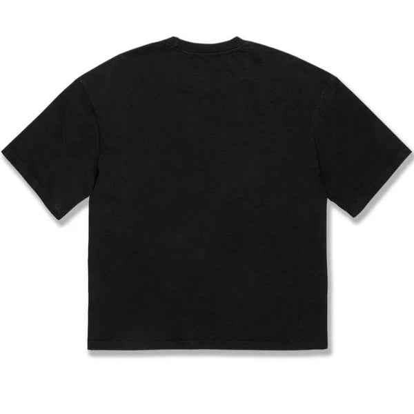 cropped black t-shirt with boxy fit and syip front print featuring vintage washed cotton laid flat