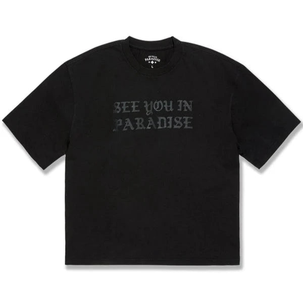 cropped black t-shirt with boxy fit and syip front print featuring vintage washed cotton laid flat
