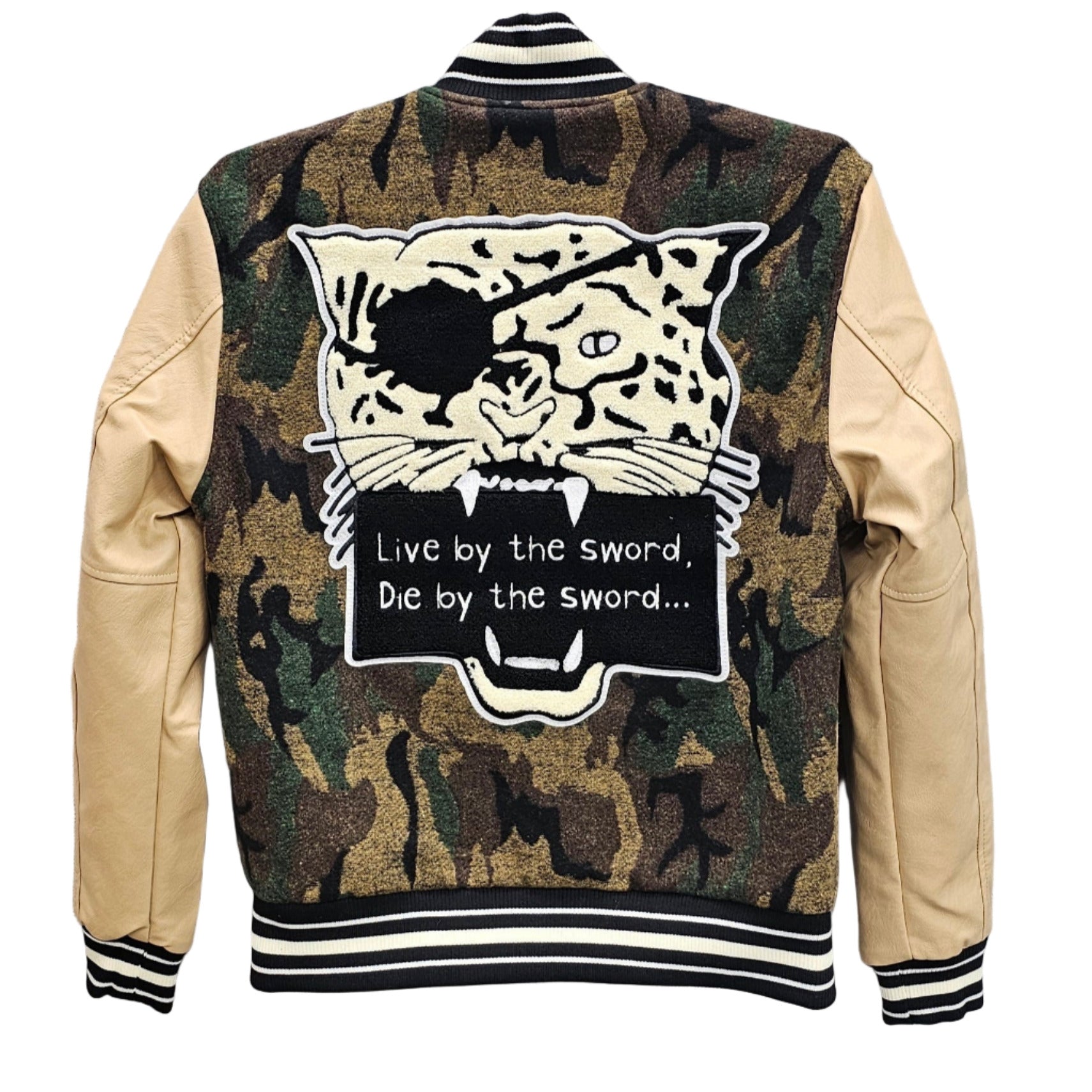 “JORDAN CRAIG Badge Varsity Jacket Vintage Camo,” “men’s varsity jacket,” “vegan leather sleeve varsity jacket,” “embroidered badge varsity jacket,” “black camo streetwear jacket.”