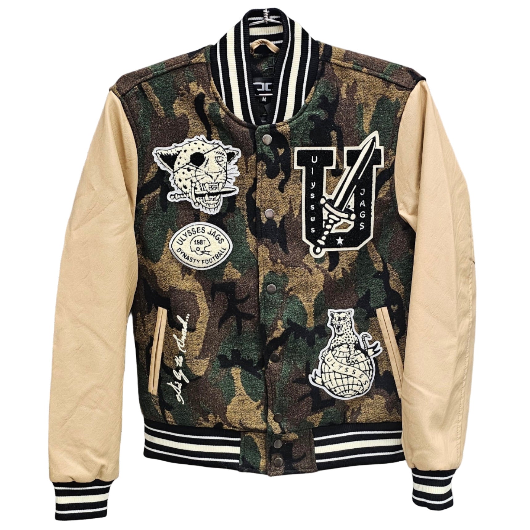 “JORDAN CRAIG Badge Varsity Jacket Vintage Camo,” “men’s varsity jacket,” “vegan leather sleeve varsity jacket,” “embroidered badge varsity jacket,” “black camo streetwear jacket.”