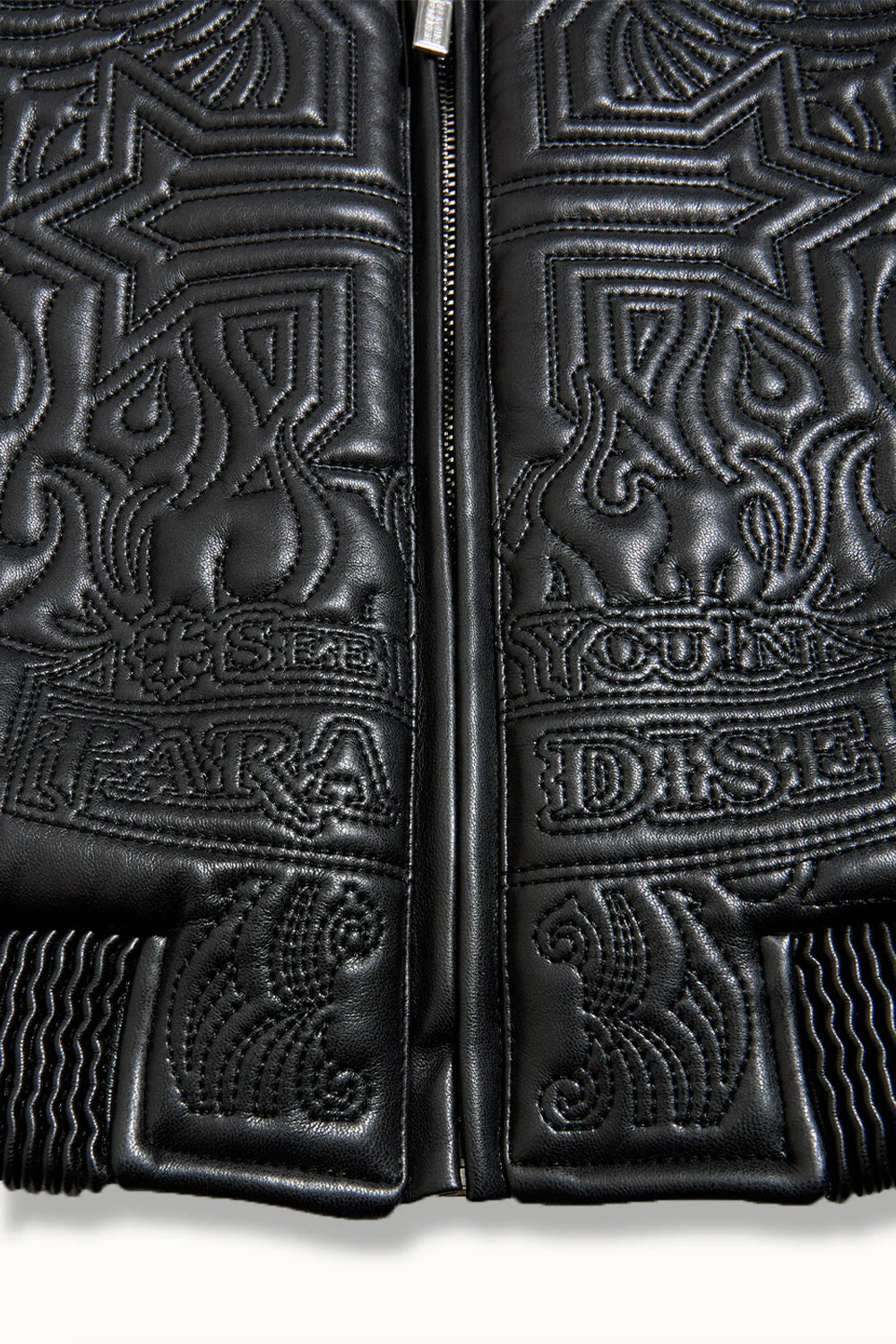 “Sinister Bomber Jacket – Charcoal: classic bomber silhouette, quilted embroidery, vegan leather accents, insulated channels, and branded zippers for style and warmth.”