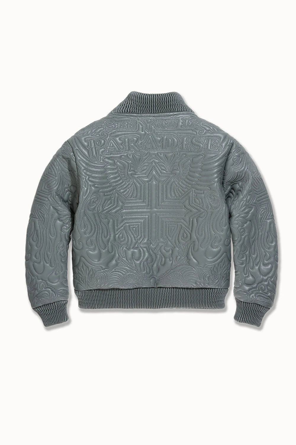 “Sinister Bomber Jacket – Charcoal: quilted embroidery, vegan leather accents, insulated channels, ribbed cuffs, and branded zippers for style and warmth.”