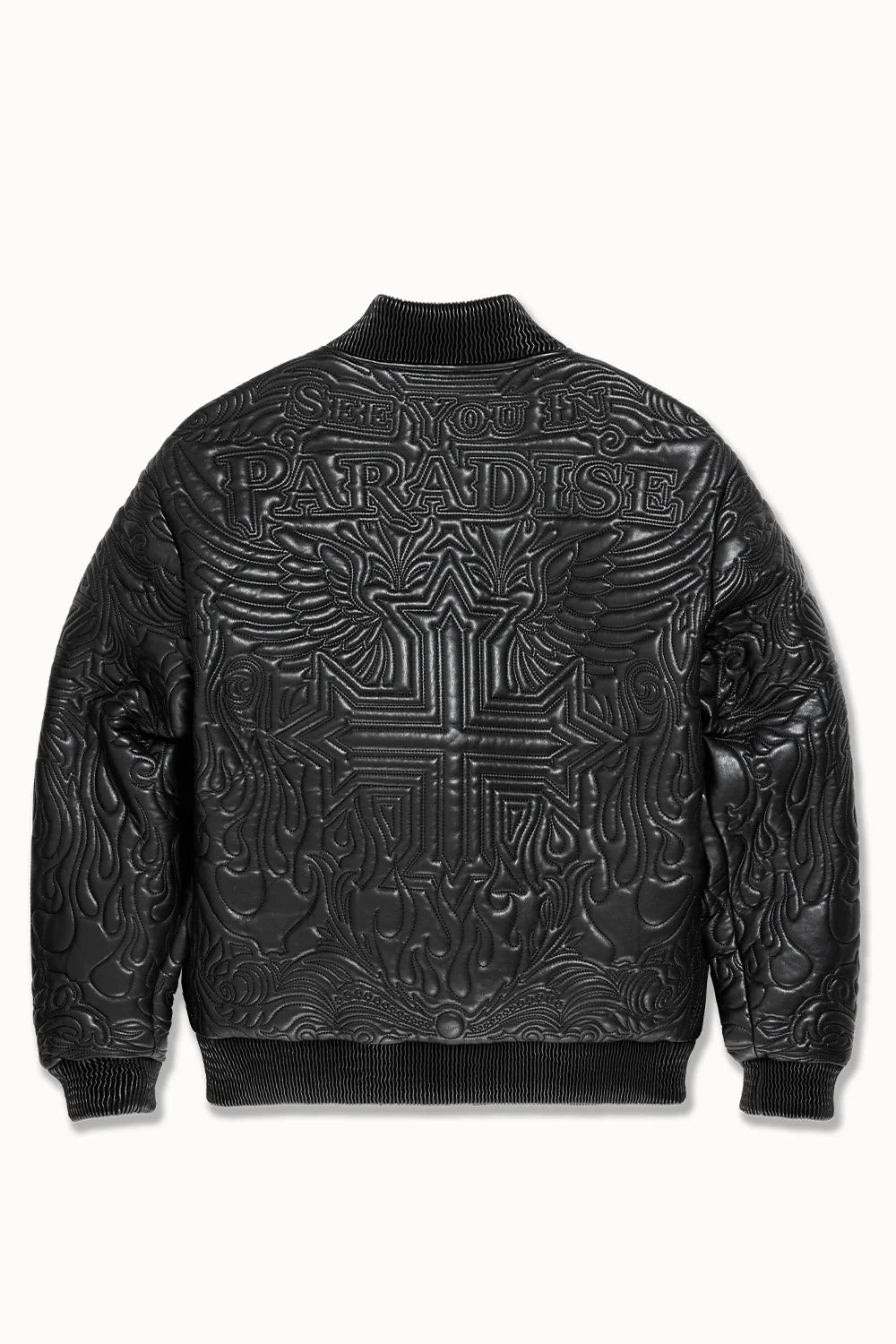“Sinister Bomber Jacket – Charcoal: classic bomber silhouette, quilted embroidery, vegan leather accents, insulated channels, and branded zippers for style and warmth.”