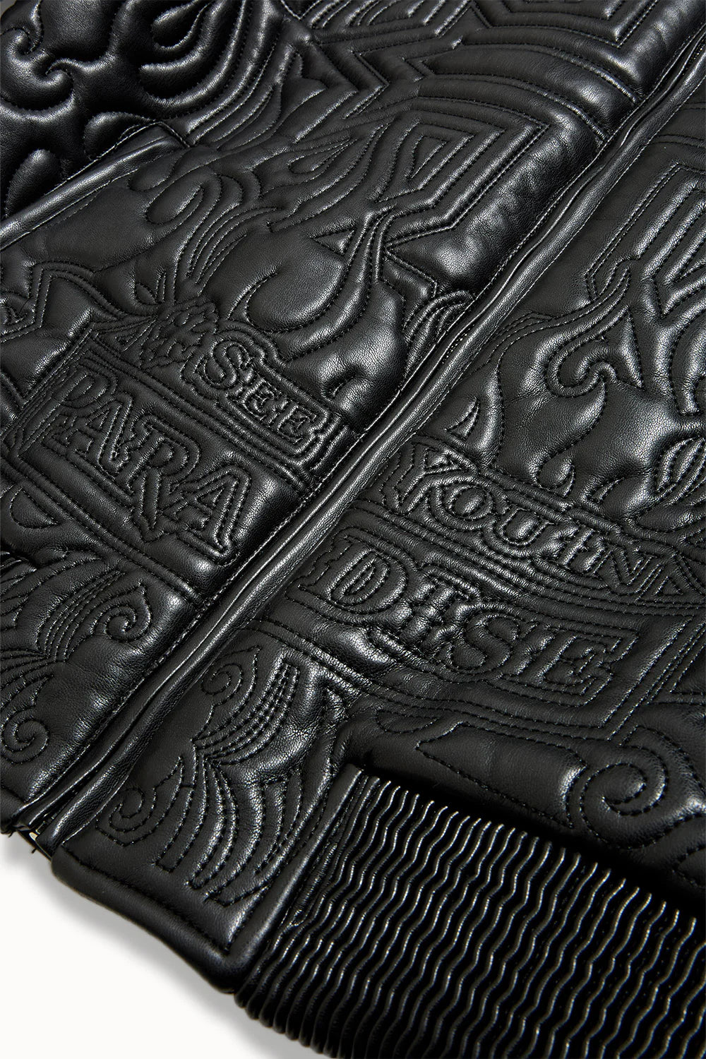 “Sinister Bomber Jacket – Charcoal: classic bomber silhouette, quilted embroidery, vegan leather accents, insulated channels, and branded zippers for style and warmth.”