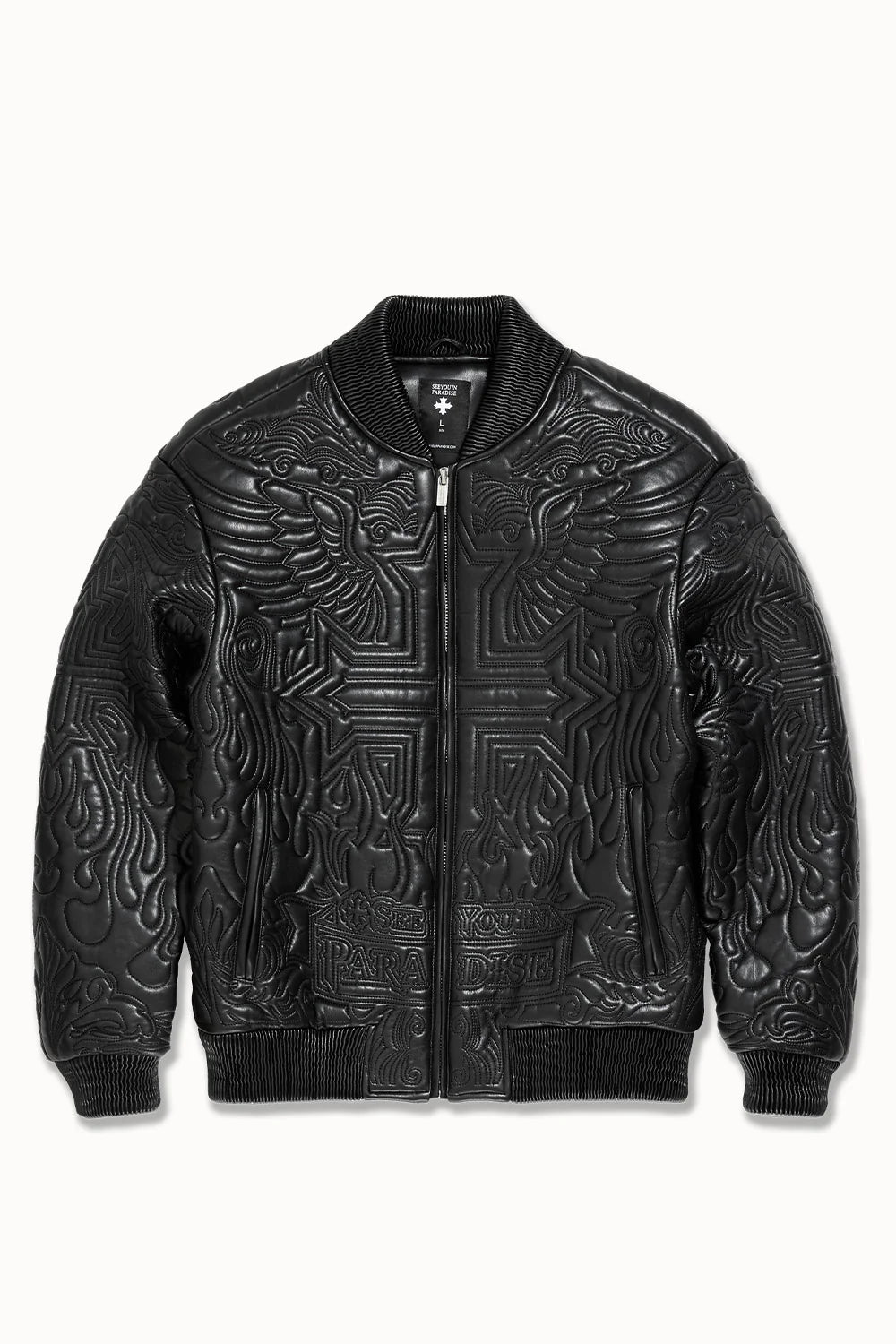 “Sinister Bomber Jacket – Charcoal: classic bomber silhouette, quilted embroidery, vegan leather accents, insulated channels, and branded zippers for style and warmth.”