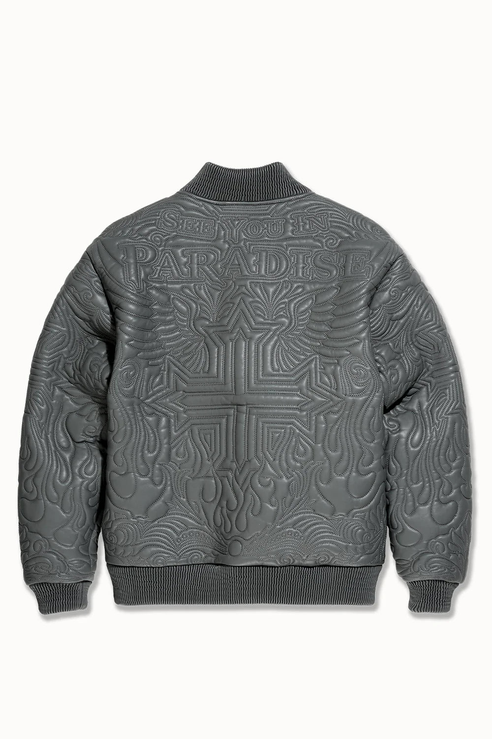 “Sinister Bomber Jacket – Charcoal: classic bomber silhouette, quilted embroidery, vegan leather accents, insulated channels, and branded zippers for style and warmth.”