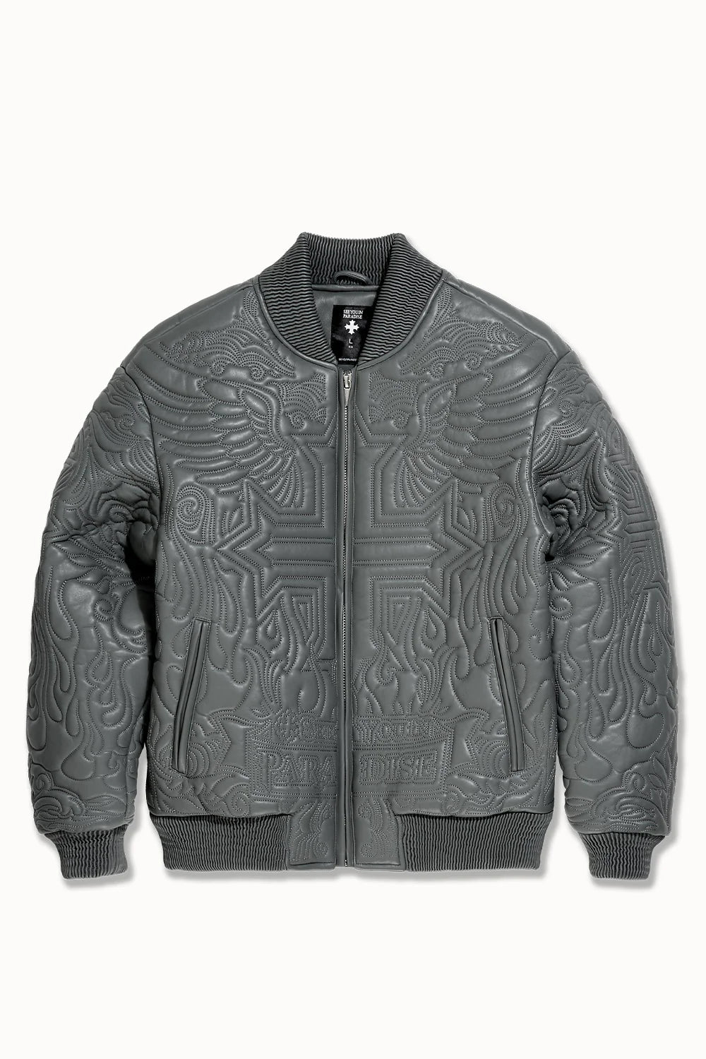 “Sinister Bomber Jacket – Charcoal: classic bomber silhouette, quilted embroidery, vegan leather accents, insulated channels, and branded zippers for style and warmth.”