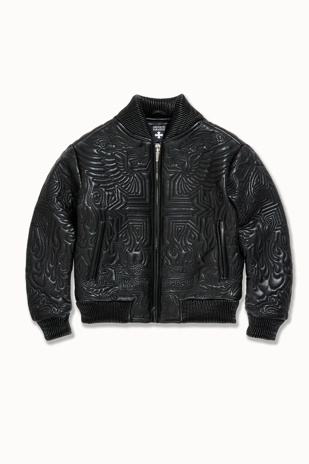 “Sinister Bomber Jacket – Charcoal: quilted embroidery, vegan leather accents, insulated channels, ribbed cuffs, and branded zippers for style and warmth.”