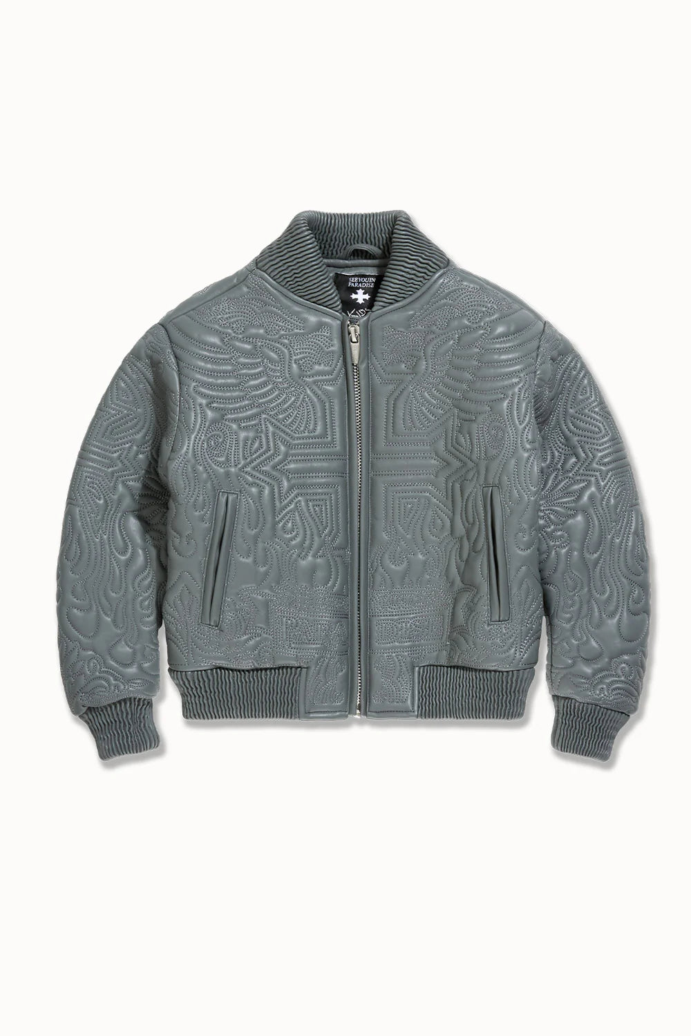 “Sinister Bomber Jacket – Charcoal: quilted embroidery, vegan leather accents, insulated channels, ribbed cuffs, and branded zippers for style and warmth.”