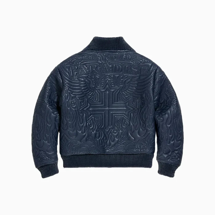 Jordan Craig Boys’ Sinister Bomber Jacket in navy with quilted embroidery, ribbed cuffs, and vegan leather accents.