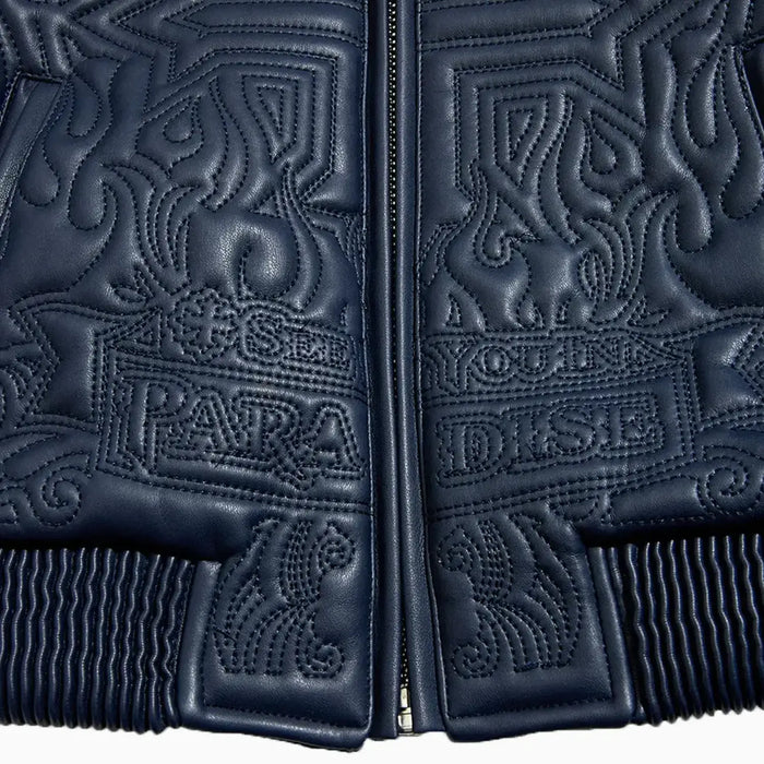 Jordan Craig Boys’ Sinister Bomber Jacket in navy with quilted embroidery, ribbed cuffs, and vegan leather accents.