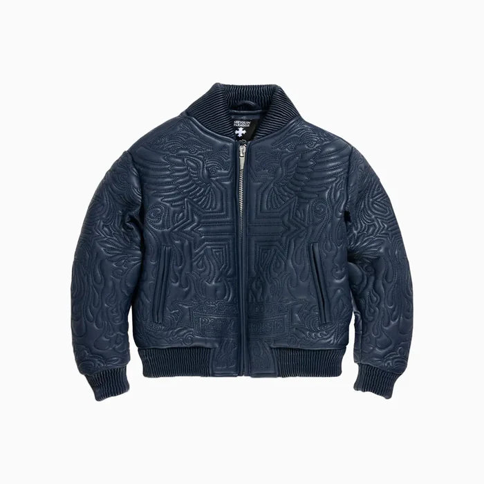 Jordan Craig Boys’ Sinister Bomber Jacket in navy with quilted embroidery, ribbed cuffs, and vegan leather accents.