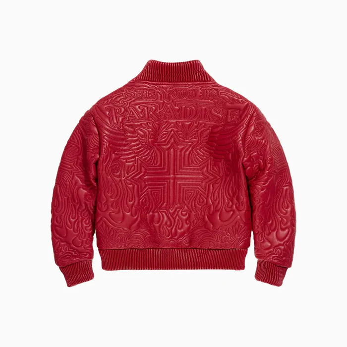 Jordan Craig Kid’s Sinister Bomber Jacket in red with quilted embroidery, ribbed cuffs, and vegan leather accents.