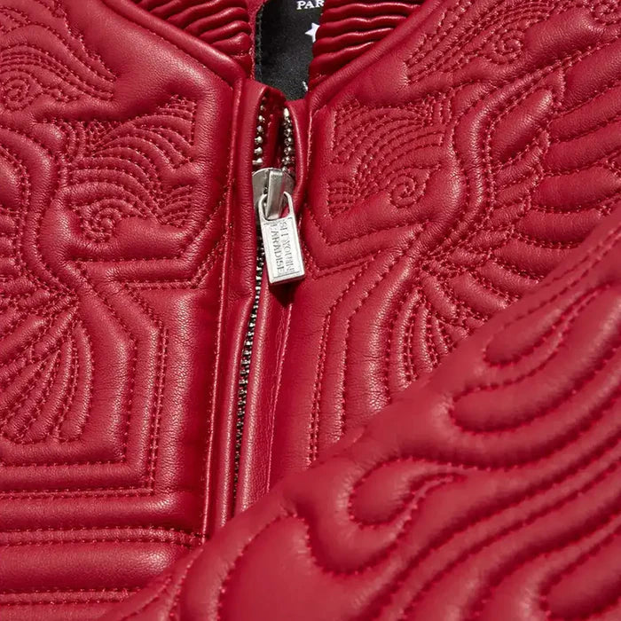 Jordan Craig Kid’s Sinister Bomber Jacket in red with quilted embroidery, ribbed cuffs, and vegan leather accents.