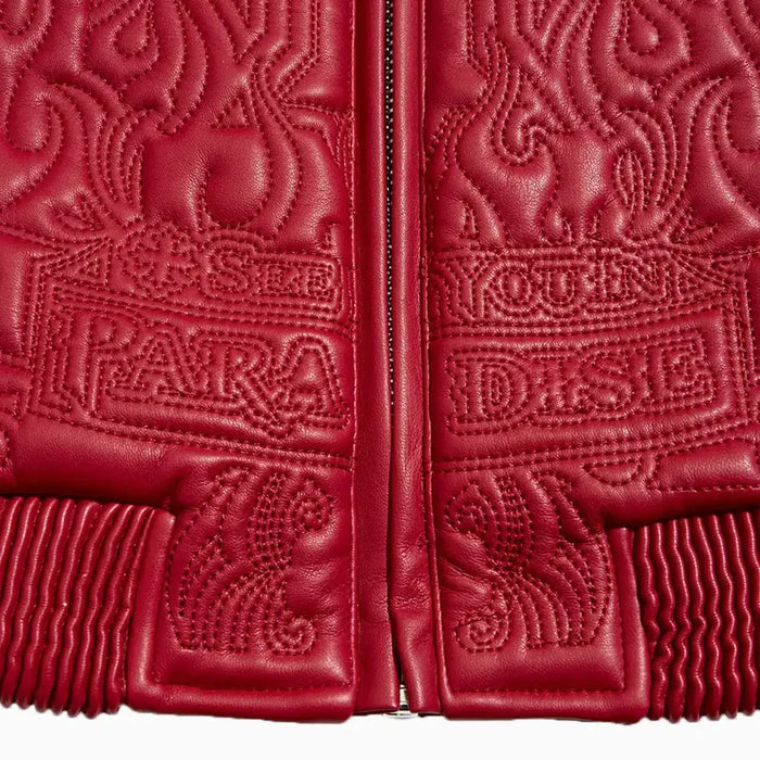 Jordan Craig Kid’s Sinister Bomber Jacket in red with quilted embroidery, ribbed cuffs, and vegan leather accents.