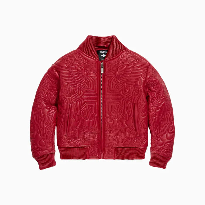 Jordan Craig Kid’s Sinister Bomber Jacket in red with quilted embroidery, ribbed cuffs, and vegan leather accents.