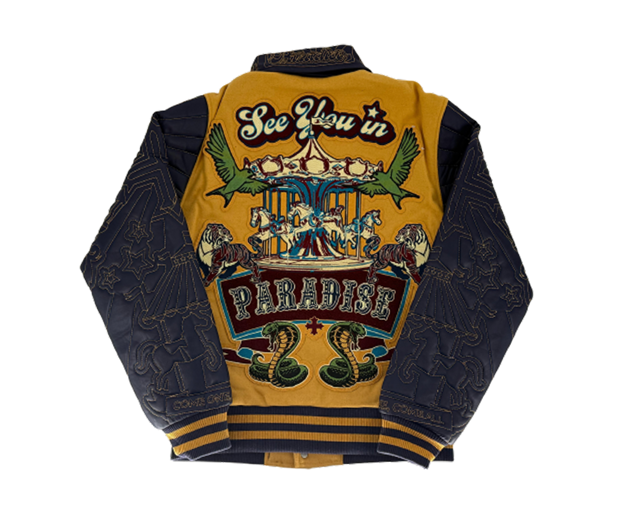 SYIP Team Varsity Jacket in mustard with wool body, vegan leather sleeves, chenille patches, and striped ribbed trims.