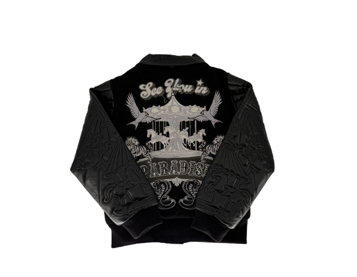 Men’s varsity jacket with wool body, vegan leather sleeves, striped ribbed trims, and embroidered chenille patches