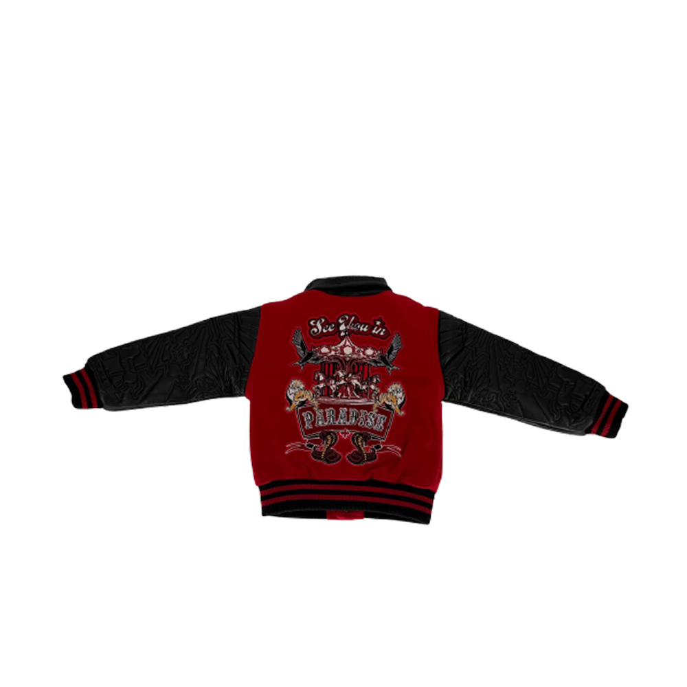 Men’s varsity jacket with wool body, vegan leather sleeves, striped ribbed trims, and embroidered chenille patches