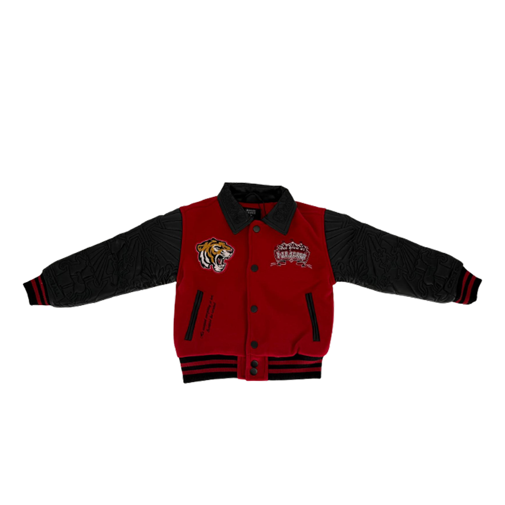  Kids's  varsity jacket with wool body, vegan leather sleeves, striped ribbed trims, and embroidered chenille patches