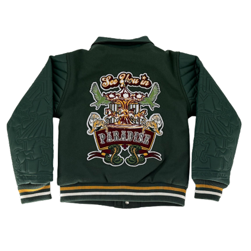 The SYIP Team Varsity Jacket for kids in Dark Green delivers classic varsity style with premium detailing. Crafted with a wool body and vegan leather sleeves alongside a quilted satin lining, it offers both comfort and durability. Striped ribbed trims, chenille patches, and embroidered designs throughout give the jacket a standout, street-ready look. A snap button front closure ensures easy wear for everyday styling.