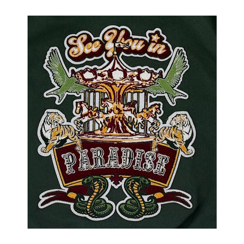 The SYIP Team Varsity Jacket for kids in Dark Green delivers classic varsity style with premium detailing. Crafted with a wool body and vegan leather sleeves alongside a quilted satin lining, it offers both comfort and durability. Striped ribbed trims, chenille patches, and embroidered designs throughout give the jacket a standout, street-ready look. A snap button front closure ensures easy wear for everyday styling.