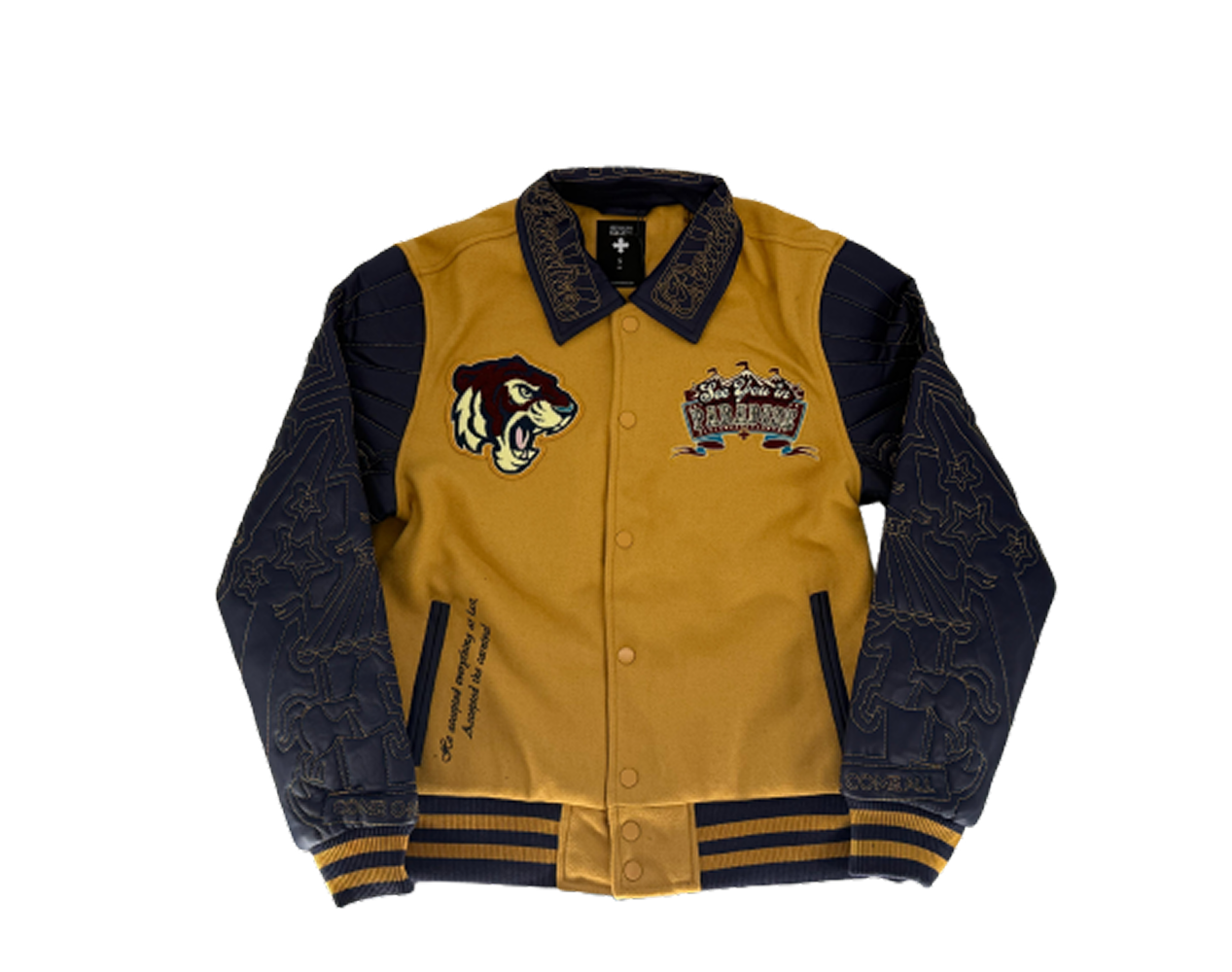 The SYIP Team Varsity Jacket for kids in Mustard delivers classic varsity style with premium detailing. Crafted with a wool body and vegan leather sleeves alongside a quilted satin lining, it offers both comfort and durability. Striped ribbed trims, chenille patches, and embroidered designs throughout give the jacket a standout, street-ready look. A snap button front closure ensures easy wear for everyday styling.