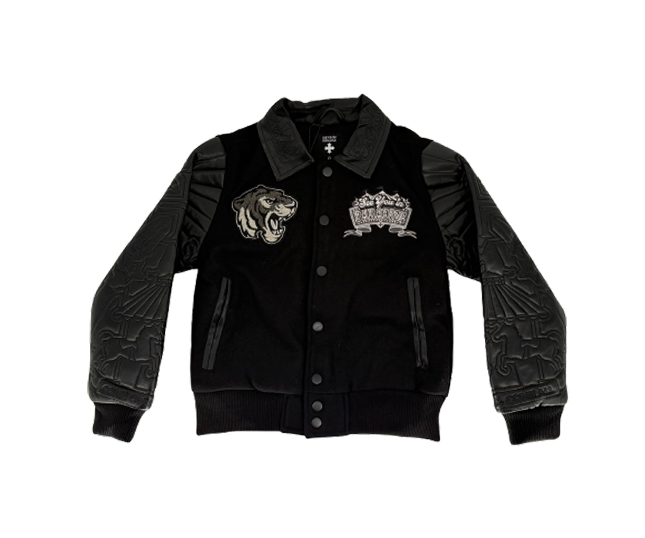 Elevate your style with this Men's Varsity Jacket, featuring a timeless silhouette and premium materials. Designed with a wool body and quilted satin lining, it combines warmth with comfort. The striped ribbed collar, cuffs, and waistband add classic varsity appeal, while vegan leather sleeves and detailed chenille patches with embroidery enhance its stylish design. Snap button front closure completes this versatile jacket for everyday wear.