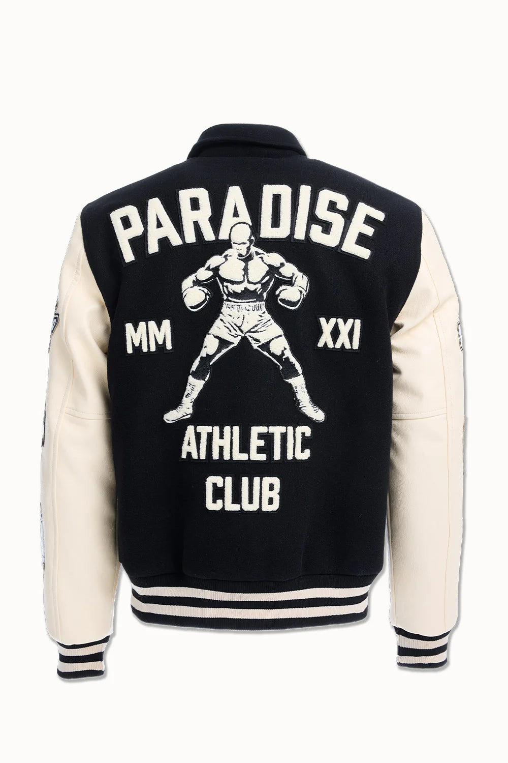 Black and white varsity jacket with boxing design and text on a white background