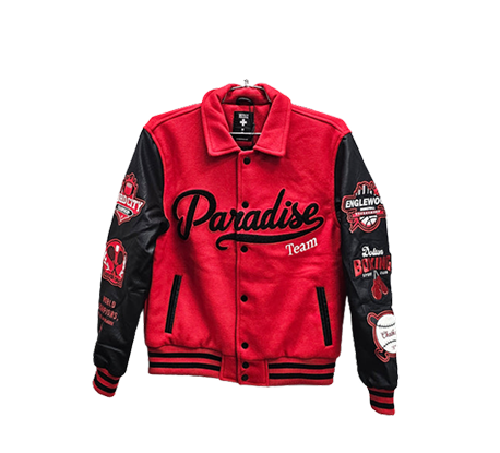 Step up your streetwear game with the Paradise Team Varsity Jacket in Red, a modern take on the classic varsity silhouette. Crafted with a wool body and quilted satin lining, this jacket combines warmth with lightweight comfort. The fold-down coaches collar, striped ribbed cuffs and waistband, and snap button front provide authentic varsity style.