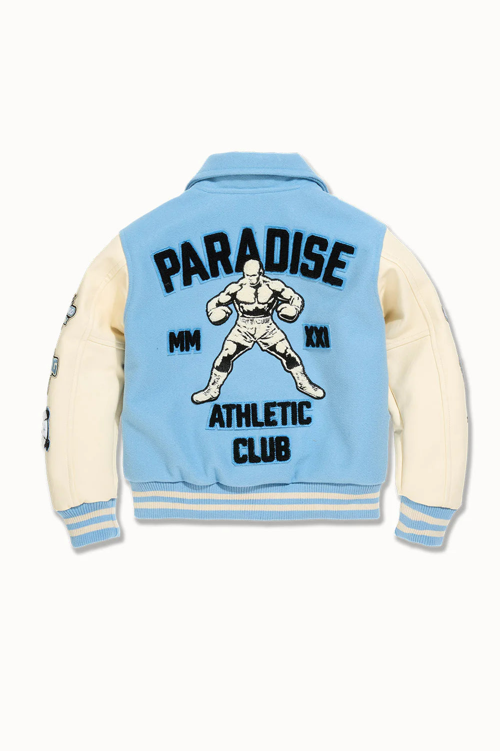 Paradise Team Varsity Jacket in Sky Blue with wool body, vegan leather sleeves, striped ribbed trims, and chenille patches