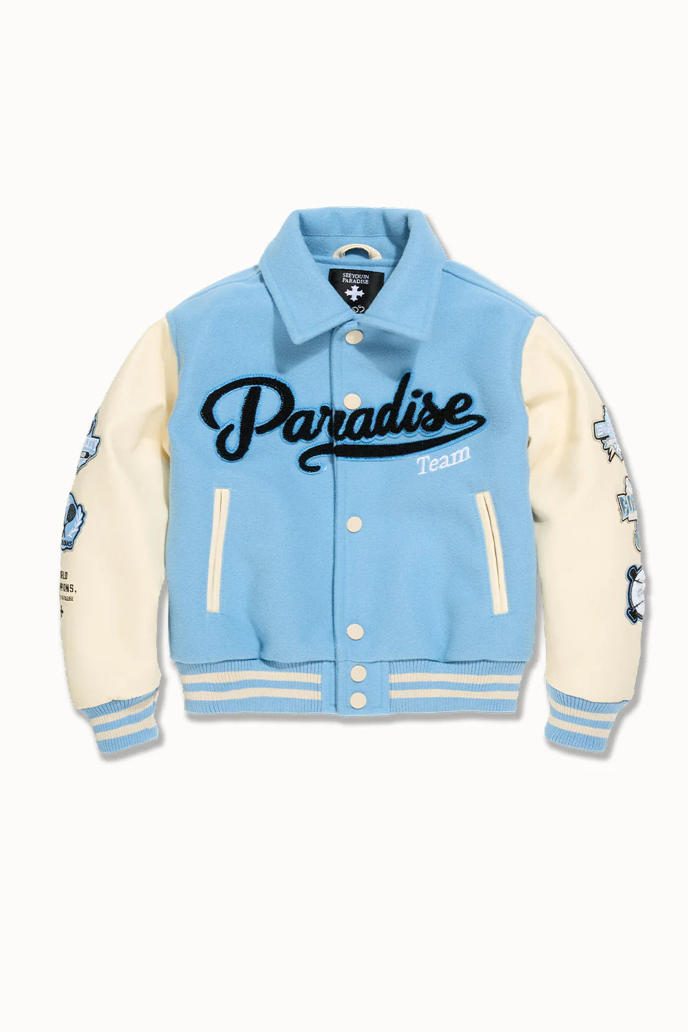 Paradise Team Varsity Jacket in Sky Blue with wool body, vegan leather sleeves, striped ribbed trims, and chenille patches