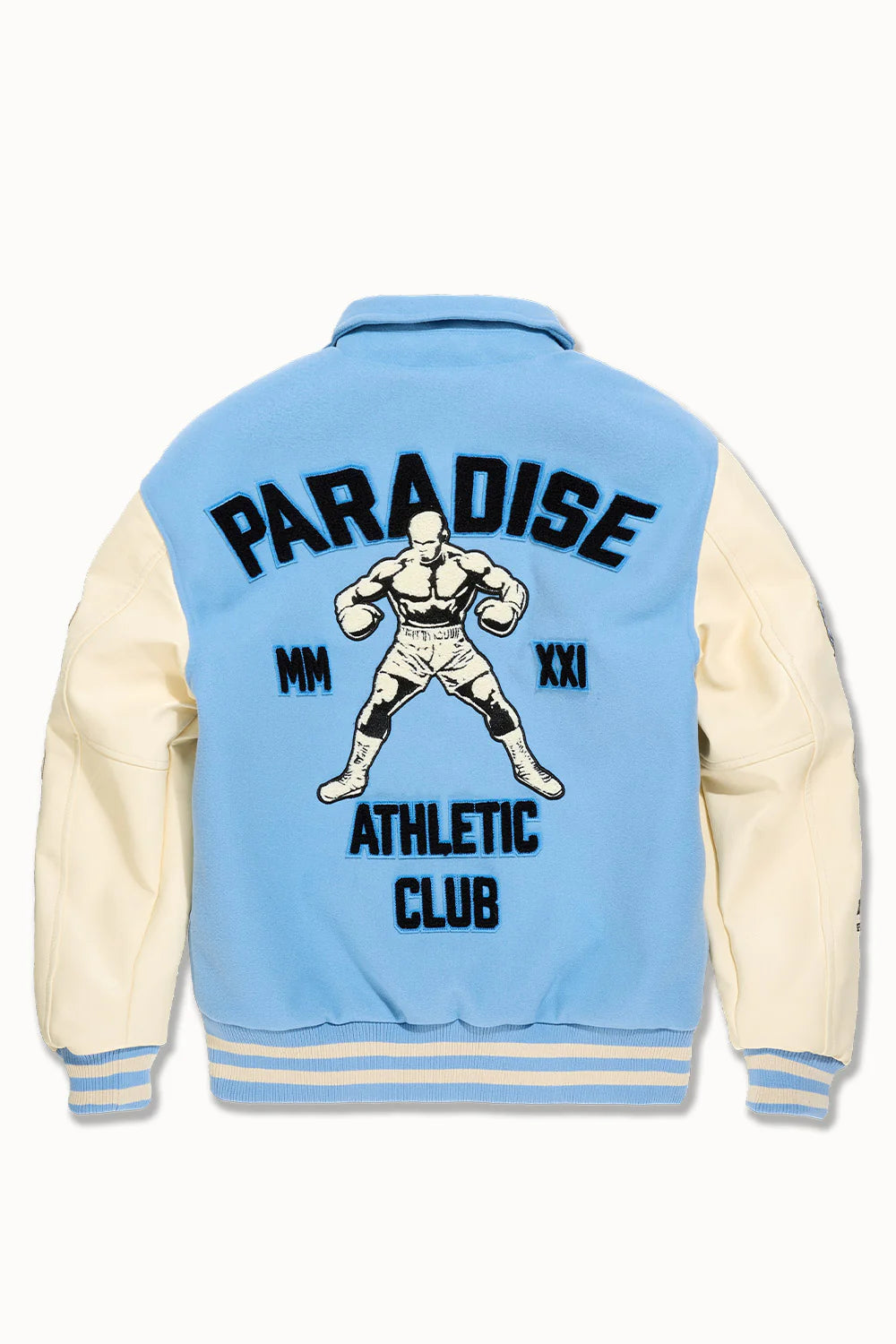 “Paradise Team Varsity Jacket – Sky Blue: wool body, quilted satin lining, vegan leather sleeves, chenille patches, embroidered details, and snap button front.”