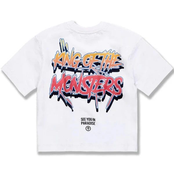  Kids Sea Monster Boxy T-Shirt with custom sea monster graphics on front and back, crafted from soft heavyweight 100% cotton jersey