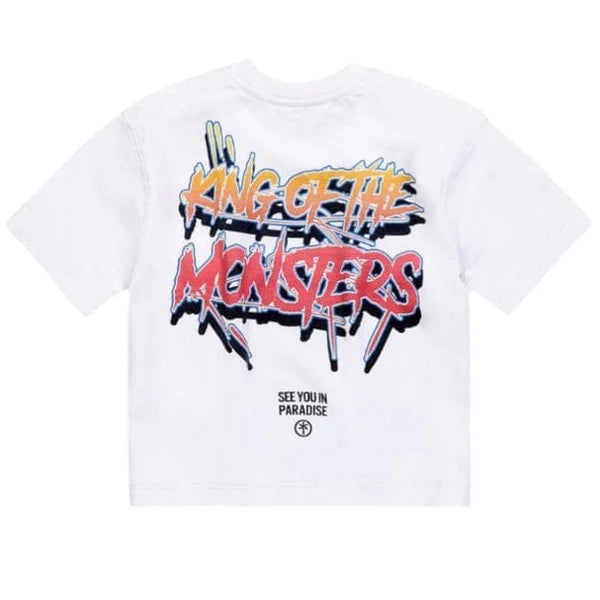 White t-shirt with colorful graphic text 'King of the Monsters' on a white background