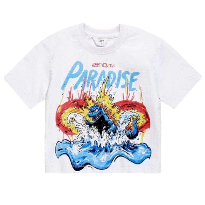 White t-shirt with colorful graphic design and text on a white background