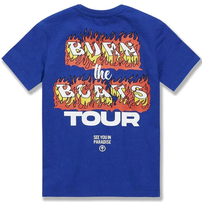 Blue t-shirt with fiery graphic and text on a white background