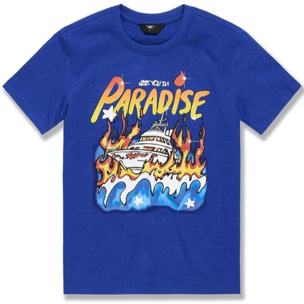 Blue t-shirt with a colorful graphic design on a white background