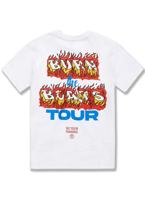  Kids Burn The Boats T-Shirt featuring bold front and back prints on soft 100% cotton crewneck