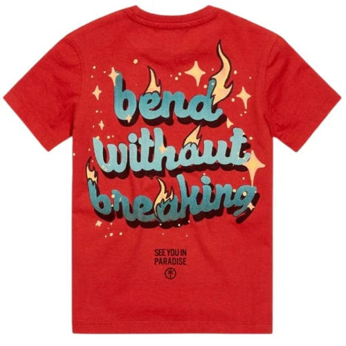 Red t-shirt with 'bend without breaking' text and star graphics on a white background