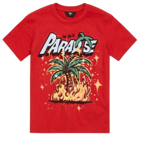 Red t-shirt with palm tree and 'Paradise' graphic on a white background