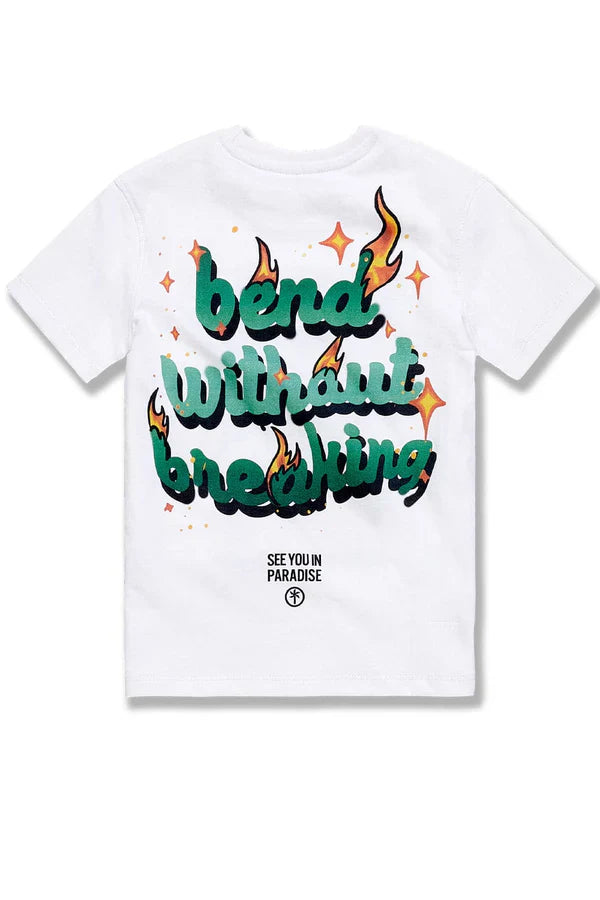 White t-shirt with colorful graphic text on a white background