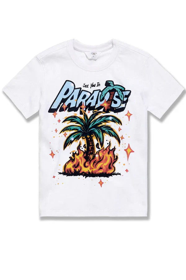 White t-shirt with a palm tree and 'Set Me In Paradise' design on a white background