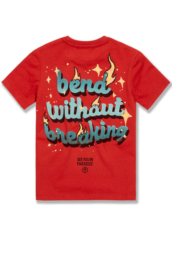 Red kids crewneck t-shirt with front and back screen-printed graphics, made from soft 250 GSM cotton