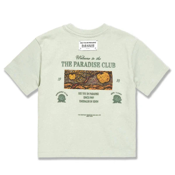 Light green t-shirt with graphic design and text on a white background