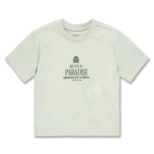 Light green t-shirt with text and logo on a white background